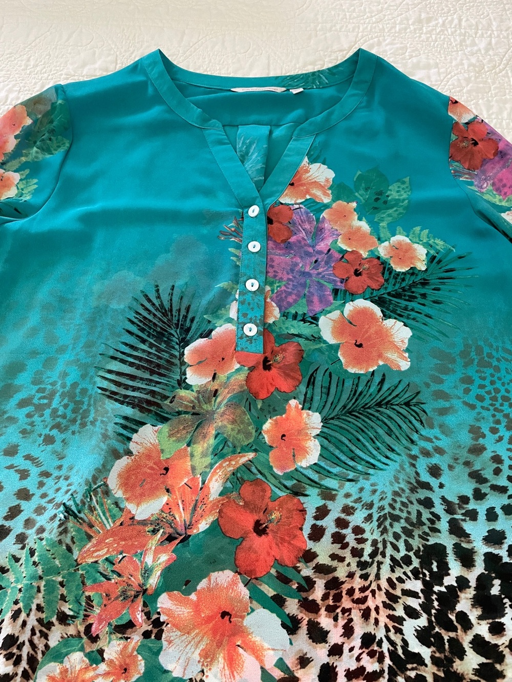 Soft Surroundings Teal Tropical Floral Cheetah Print Sheer Tunic Top Blouse Sz L - Picture 7 of 15